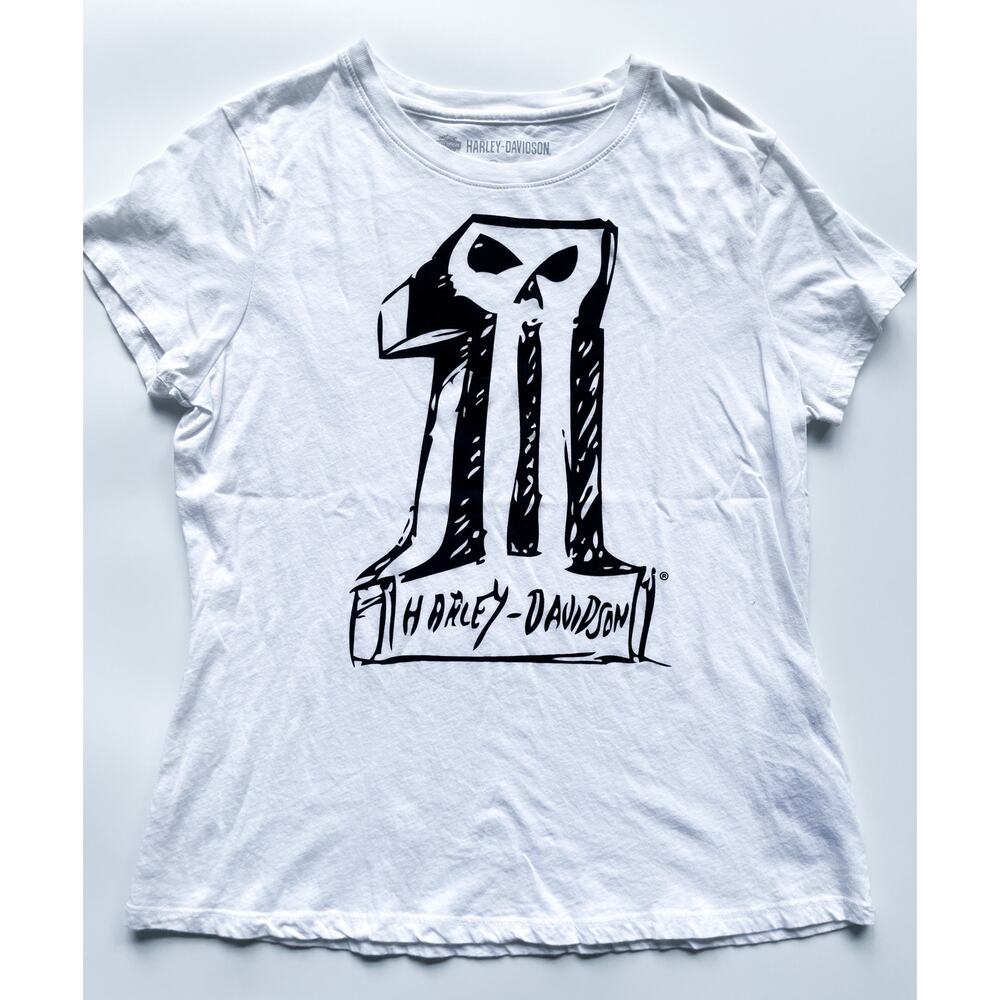 Women's Harley Davidson Sketchy #1 White and Black T-Shirt Size Large